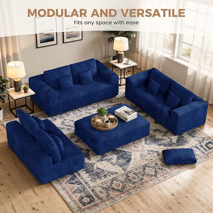 136'' Large Sectional Cloud Couches with Chaise, U Shaped Boneless Sofa Bed with Ottoman, No Assembly Required Deep Seat Modular Lounge for Living Room 4PCS Set, Bedroom(Blue)