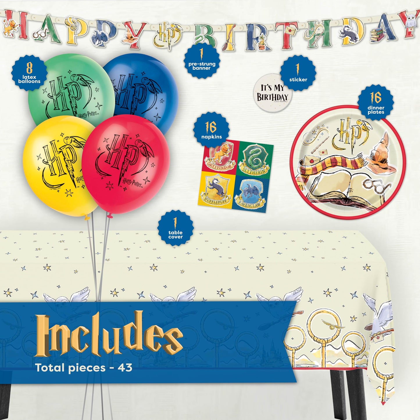 Harry Potter Birthday Decorations | Officially Licensed | Serves 16 | Harry Potter Party Decorations with Balloons, Tablecloth, Banner, Plates, Napkins, Sticker