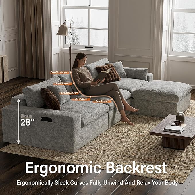 125'' Oversized Boneless Sectional Couches for Living Room, Deepseat Boneless Cloud Modular Sectional Sofa with Ottoman, No Assembly Required L-Shape Cloud Sofa, Plush Fabric, Light Gray