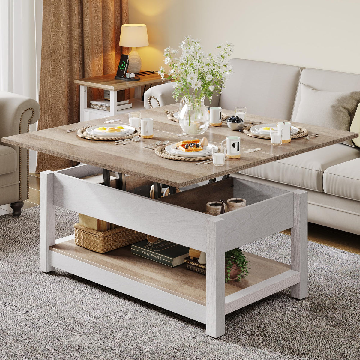 YITAHOME Lift Top Coffee Table for Living Room, 3 in 1 Multi-Function Coffee Tables with Storage, Farmhouse Rectangle Coffee Table Dining Table for Reception Room/Home Office, Grey Wash