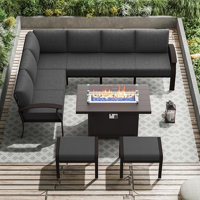 RTDTD Aluminum Outdoor Patio Furniture Set,8 Seats Patio Conversation Sets with 45" Propane Fire Pit Table,Metal Patio Sectional Furniture Set with Ottomans,Grey