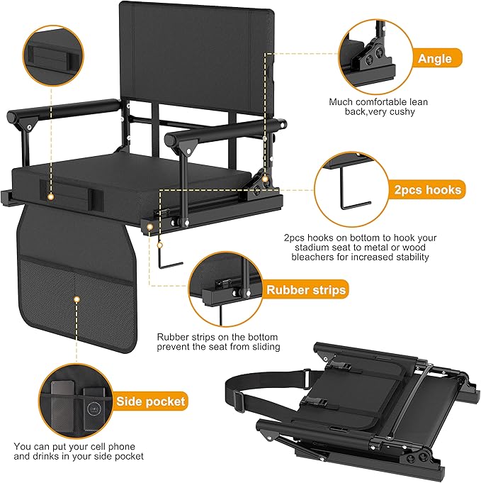 Stadium Seats for Bleachers with Back Support, 600 Lbs Rated with Lightweight Soft Comfort Cushion, Stadium Seating for Bleachers with Adjustable Back Support and Shoulder Strap (Black)