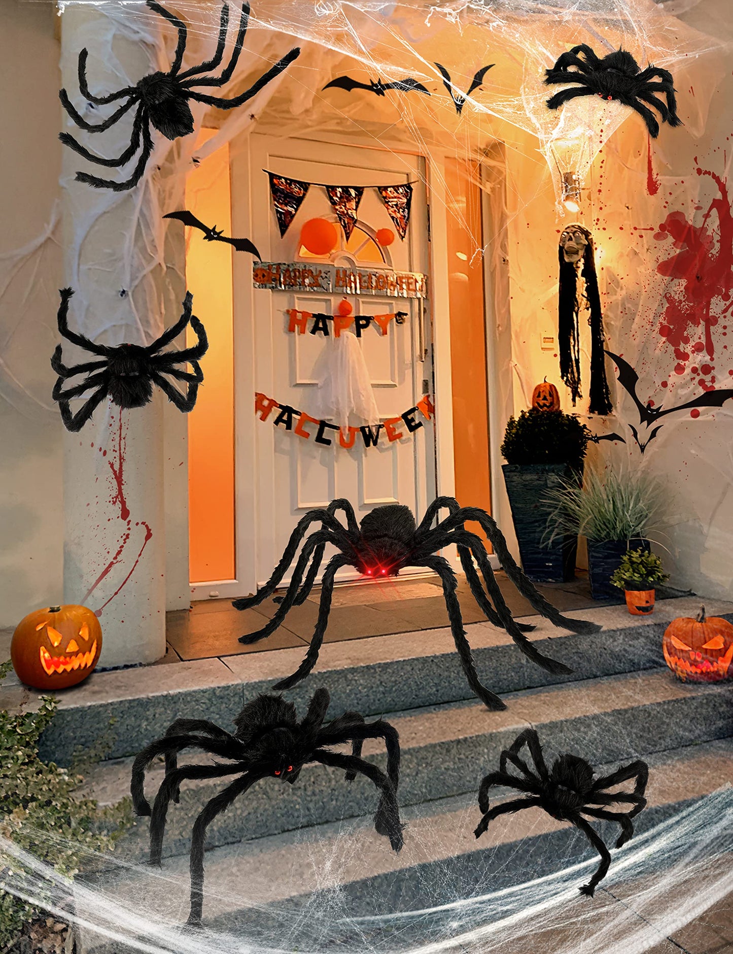HOPOCO Halloween Plush Spiders Set Scary Fake Spider for Indoor Outdoor Halloween Decor for Home Party Yard Haunted House Decorations (6 in 1)
