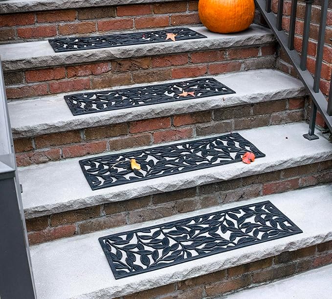 Set of 4 Rubber Stair Tread Mats 30 x 10 Inch Anti-Slip Outdoor Rug, Black – Leaf Pattern