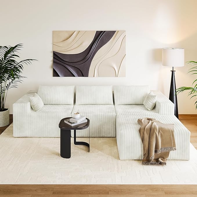 CABZOON 110" Cloud Couch Sectional for Living Room L-Shape Boneless Couches Modular Sectional Sofa with Deep Seat with Chaise,No Assembly Required, Carbon White(Plush Corduroy Fabric)