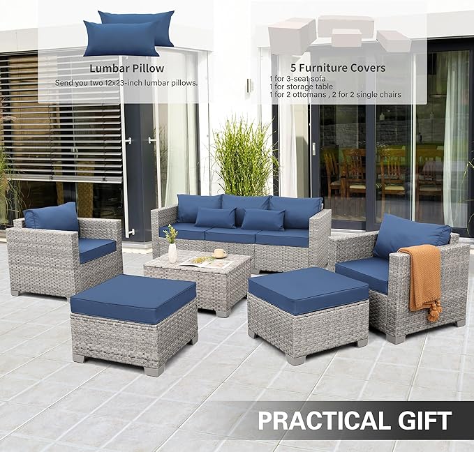 WAROOM Patio Furniture Set 6 Piece Outdoor Patio Set Grey Wicker Balcony Furniture Conversation Sets PE Rattan Couch Sofa with Coffee Table, Blue Cushion