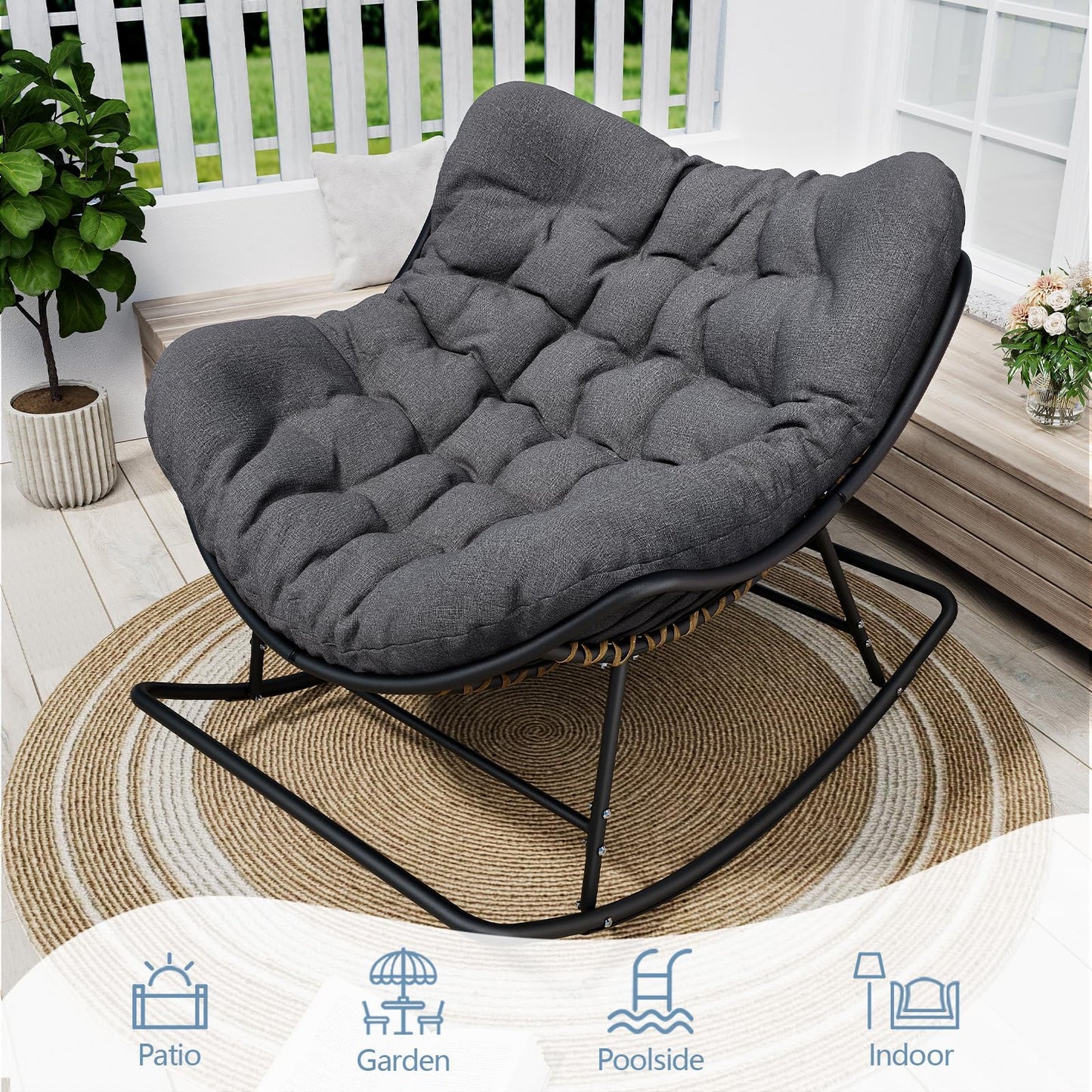SWITTE Papasan Rocking Chair Outdoor Indoor, Oversized Egg Wicker Rocker with Cushion, Supports 450 lbs, Patio Chair for Balcony or Living Room - Dark Gray