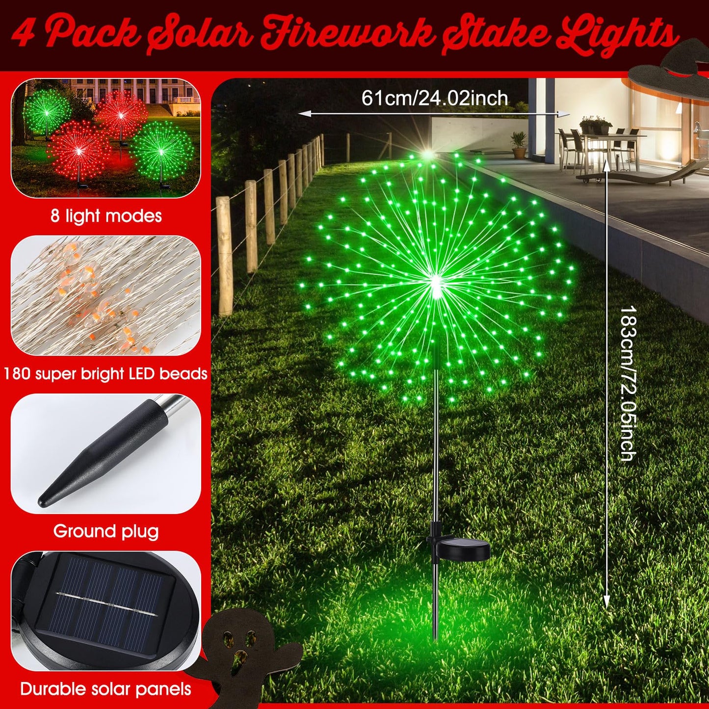 Tujoe 4 Pack Valentine's Day Solar Firework Lights Decorations Garden Pathway Solar Power Light Stake Waterproof with 180 LED 8 Modes for Valentine's Day Mardi Gras Decoration(Red Green)
