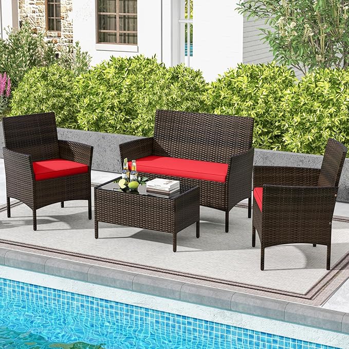 KOTEK 4 Piece Patio Furniture Set, Outdoor Rattan Conversation Set with Loveseat, Wicker Chairs, Tempered Glass Coffee Table, Wicker Patio Set for Backyard, Porch (Red)