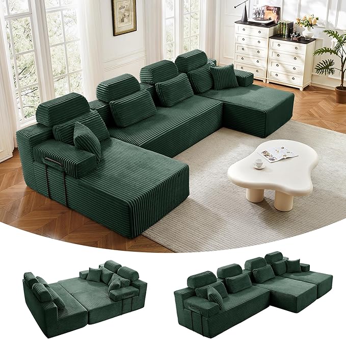 141" U-Shaped Cloud Modular Sectional Sofa with Chaise & Headrest, Boneless Deep Seat Plush Corduroy Couches for Large Living Room, No Assembly Required (Green, 141" U-shapred Chaise)