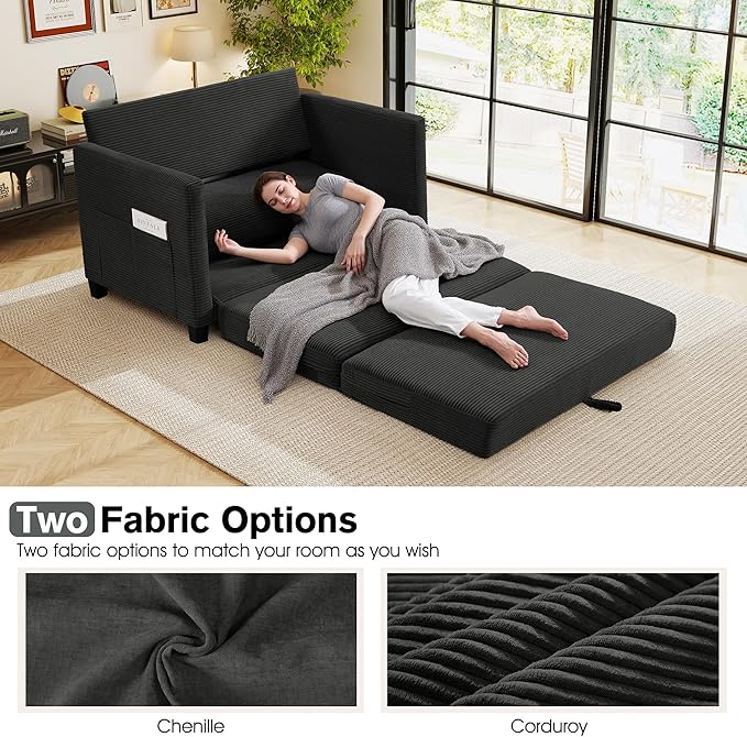 kakuboohi 51" Loveseat Sleeper Sofa Bed, Corduroy Convertible Floor Sofa Bed for Small Spaces, Folding Couch Bed with Deep Seat, 2 Pillows & Solid Frame, Pull Out Floor Couch for Living Room, Black