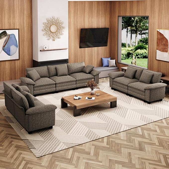 MIXPATIO U-Shaped Cloud Modular Sofa Set, Deep Seat 3-Piece 7-Seater Sectional Couch & Removable Arms, Plush Chenille for Living Room - Smoky Gray