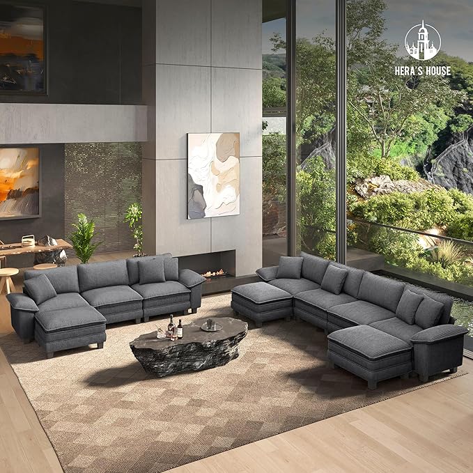 HERA'S HOUSE 158" Modular Sectional Sofa, Oversized L Shaped Couches for Living Room, Comfy Cloud Couch with Ottoman, 5-Seater Deep Seat Sofa with Throw Pillow, Corduroy Grey