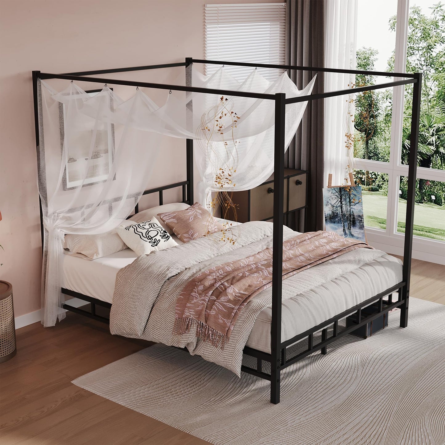 Canopy Bed Frame Full with Headboard and Footboard, Mattress Foundation Platform with Metal Slats Support, Underbed Storage Space, No Box Spring Needed, Easy Assembly, Black