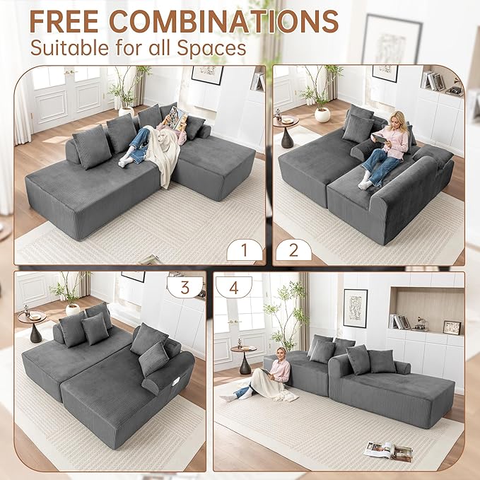 108 '' W Boneless Couch with L-Shape Chaise,No Assembly Required, Upholstery Corduroy Cloud Couch with Deep Seats and 5 Pillows Back, Free Combination (Grey)