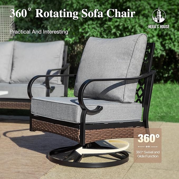 HERA'S HOUSE 4 Piece Metal Patio Furniture Set, All Weather Outdoor Conversation Set with 3 Seat Sofa, 2 Swivel Chairs & Coffee Table, Seats 5 for Backyard, Garden, Deck, Grey