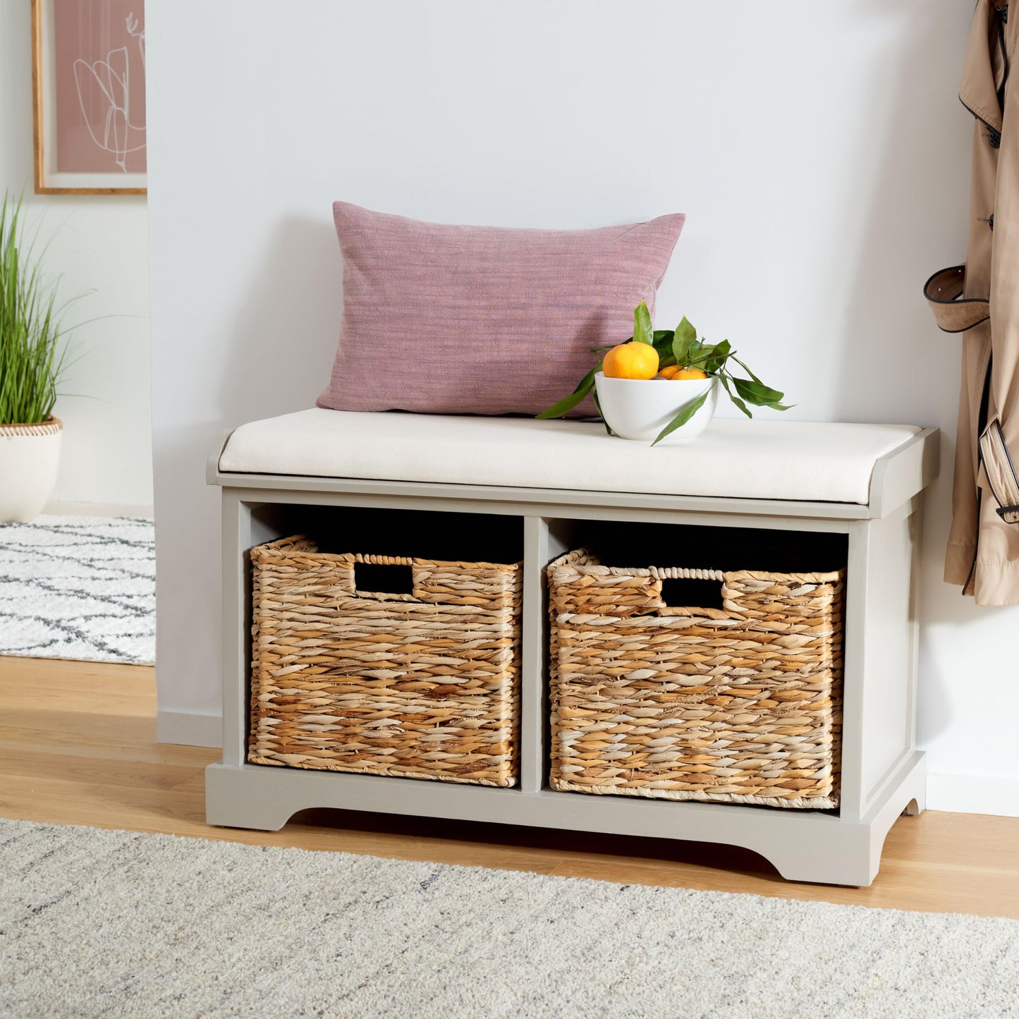 SAFAVIEH Home Collection Freddy Vintage Grey / Wicker Basket 2-Drawer Storage Bench with Cushion (Fully Assembled)