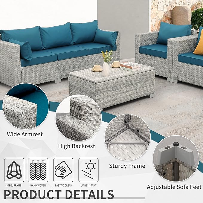 WAROOM Patio Furniture Set 4 Piece Wicker Conversation Sets PE Rattan Chair Outdoor Couch Sectional Sofa with Storage Table, Peacock Blue Cushion