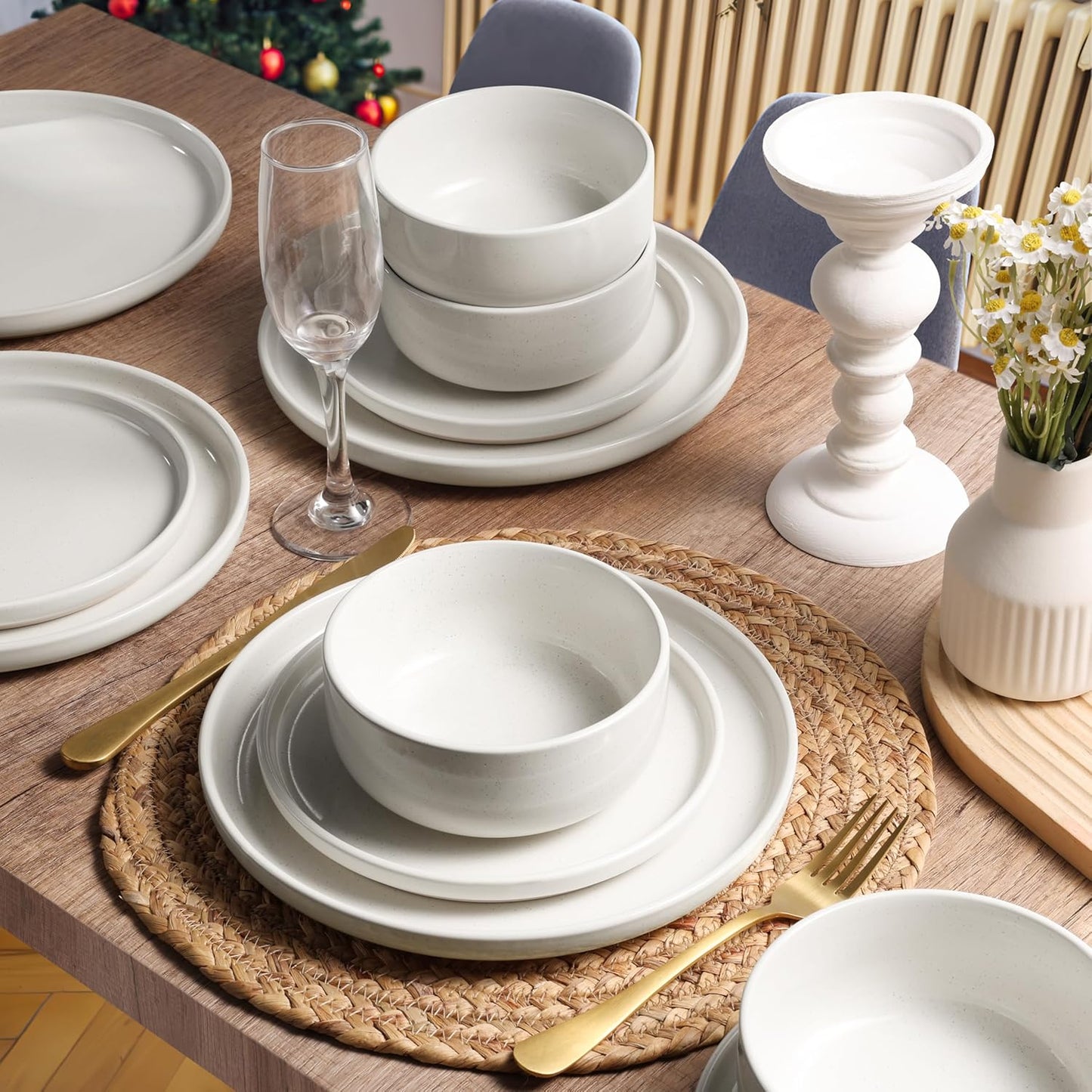 HaWare Stoneware Dinnerware Sets, 24-Piece Plates and Bowls Set for 8, Dishes Set for Home Restaurant, Speckled Milky White