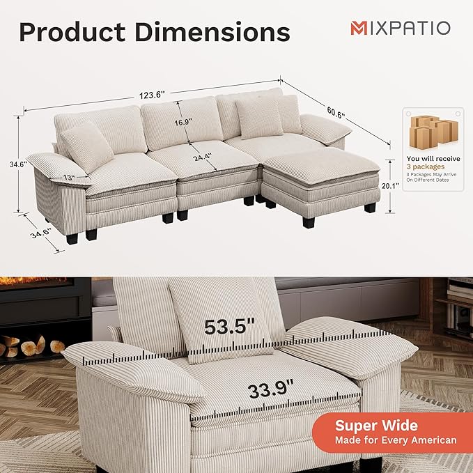 MIXPATIO 123-Inch L Shaped Sectional Sofa with Cloud Cushions, Deep Seat Modular Couch Set w/ 4 Seats & 1 Ottomans, Removable Arms, Plush Chenille Upholstery for Living Room, Apartment - Beige