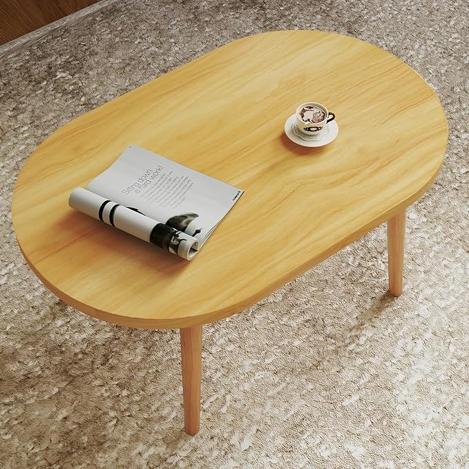Funecy Coffee Table Low Table with Solid Wood Sturdy Legs, Floor Table Desk for Sitting on The Floor, Storage and Living Room Furniture (Natural-Oval)