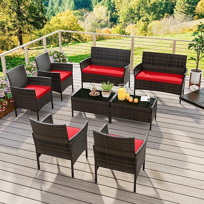 KOTEK 8 Piece Patio Furniture Set, Outdoor Rattan Conversation Set with Loveseat, Wicker Chairs, Tempered Glass Coffee Table, Wicker Patio Set for Backyard, Porch (Red)