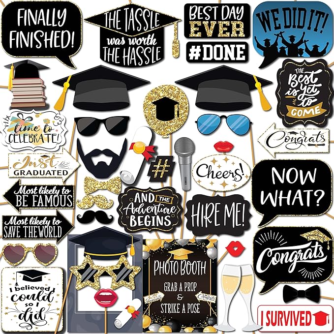 Graduation Photo Booth Props - 41-pc Photobooth Kit with 8 x 10-Inch Sign, 60 Adhesive Pads, 45 Sticks - Graduation Props...