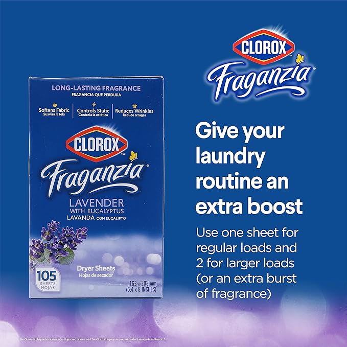 Clorox Fraganzia Fabric Softener Dryer Sheets, Lavender Scent - Wrinkle Reducing Scented Softening Laundry Sheets for Great Smelling Clothes, 105 Count - 6 Pack