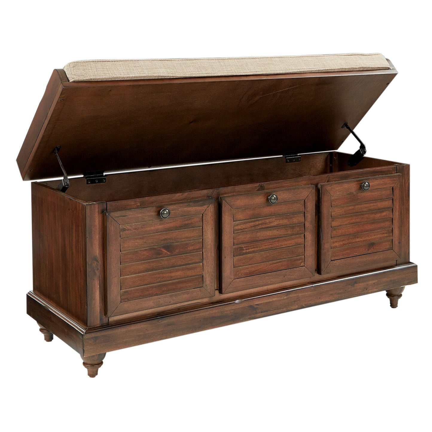 OSP Home Furnishings Dover Coastal Lift-Top Storage Bench with Shutter Face Styling, Distressed Brown Finish with Beige Linen Fabric Cushion
