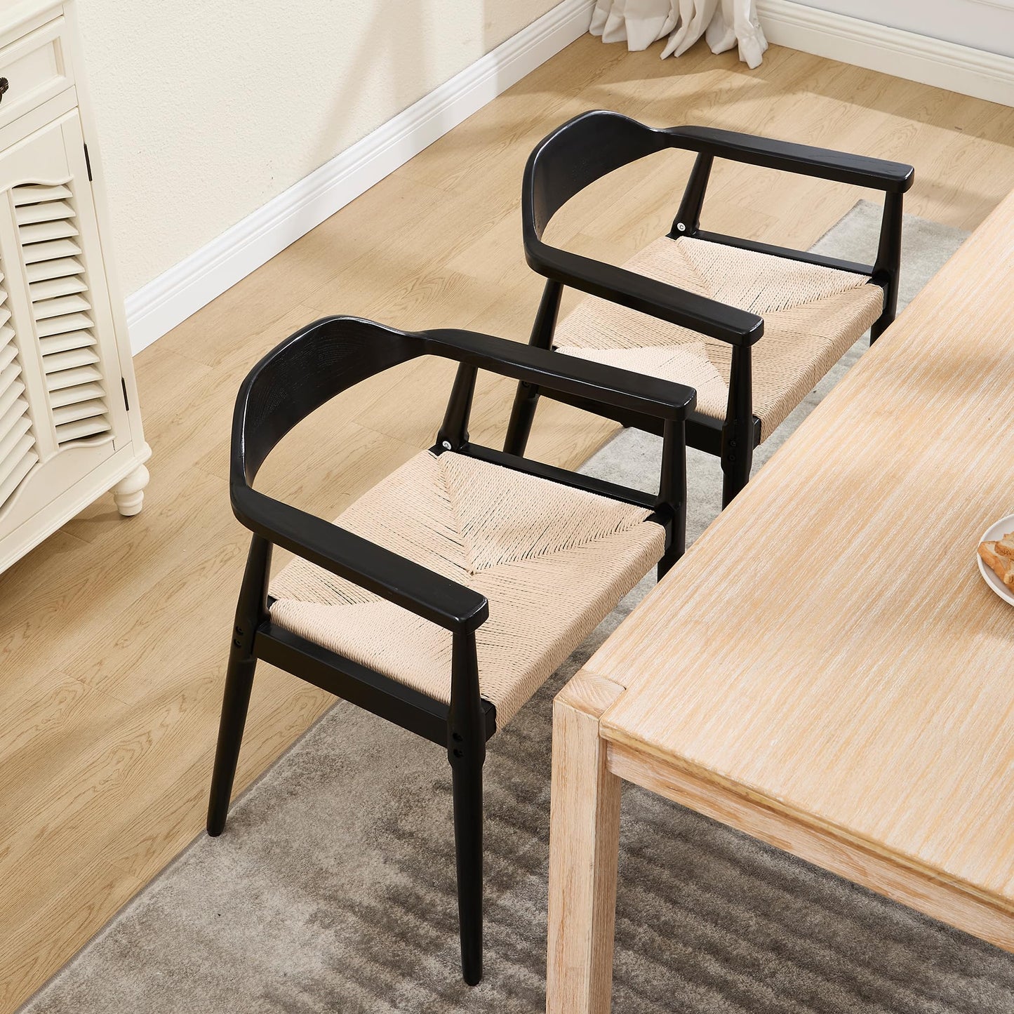 Mid Century Dining Chairs Set of 2, Black Wood Modern Kitchen Chairs with Arms, Woven Rope Dining Table Chairs with Hemp Seat