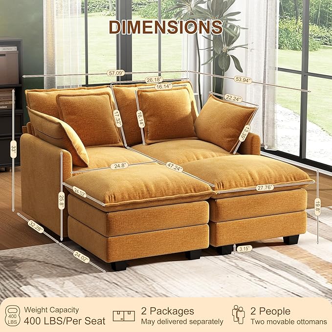 58" Cloud Couch Loveseat, Deep Seat Modular Sectional Sofa with 4 Removable Washable Pillows and 2 Ottoman for Living Room, Bedroom, Apartment, Orange