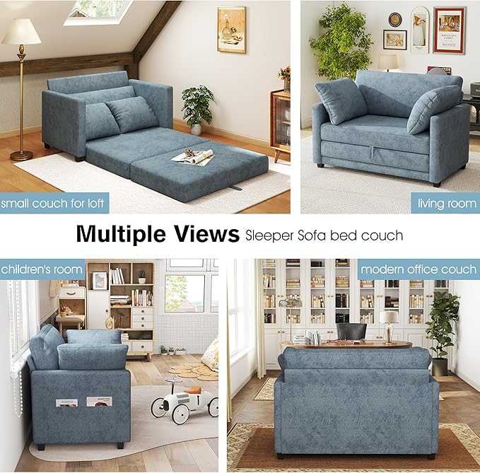 kakuboohi 51" Loveseat Sleeper Sofa Bed, Chenille Convertible Floor Sofa Bed for Small Spaces, Folding Couch Bed with Deep Seat, 2 Pillows & Solid Frame, Pull Out Couch for Living Room, Light Blue