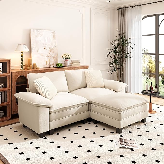 PHI VILLA Cloud Modular Couches Sets, 87.5" Sectional Loveseat Sofa with 1 Movable Ottoman, 3-Seater Comfy Couches for Living Room Apartment, Chenille Fabric, Beige