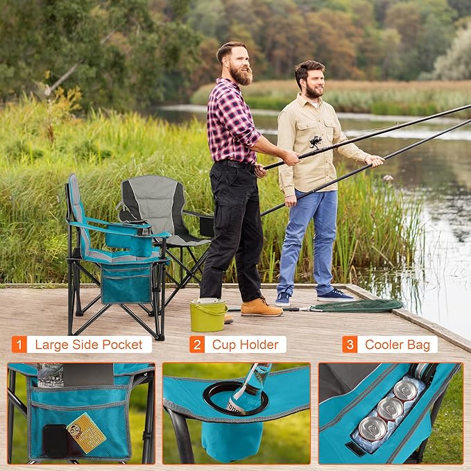 LANMOUNTAIN 2 Pack Padded Oversized Camping Chairs for Adults,Heavy Duty Support 400 Lbs,Folding Portable Lawn Chair w/Cup Holder,Cooler Bag,Side Pocket,Perfect for Outdoor Picnic,Hiking(Blue&Black)