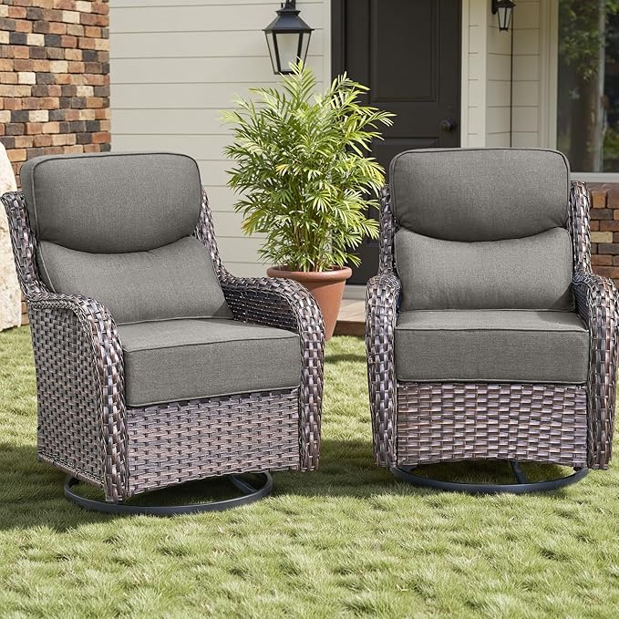 Rilyson Outdoor Swivel Rocker Chairs - All Weather Resistant Wicker Patio Furniture Set of 2 with High Back and 6 inch Thick Cushions for Deck Porch Yard and Poolside, Brown/Grey
