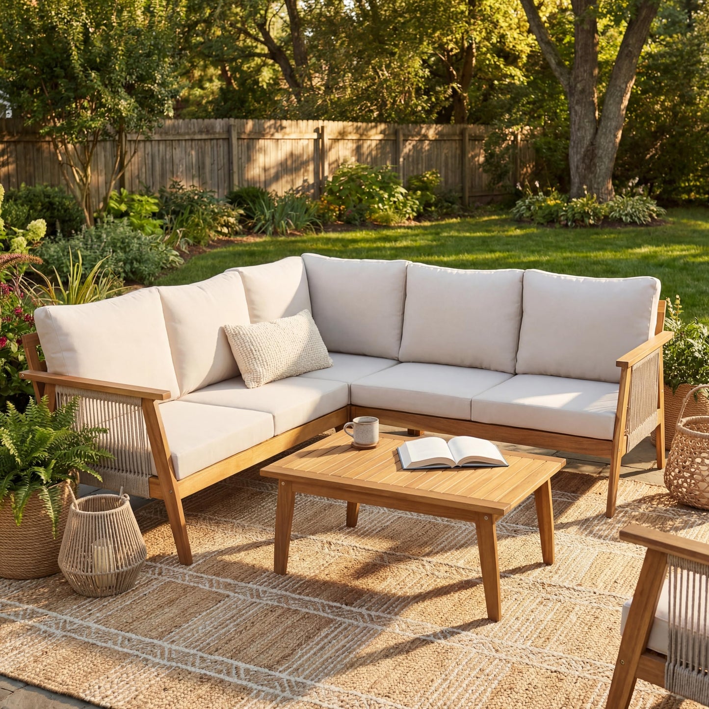 Merax Outdoor 4-Piece Acacia Wood & Rope Sectional Patio Corner Set, L-Shaped Sofa with Coffee Table, Handmade Woven Garden Furniture for Poolside & Deck