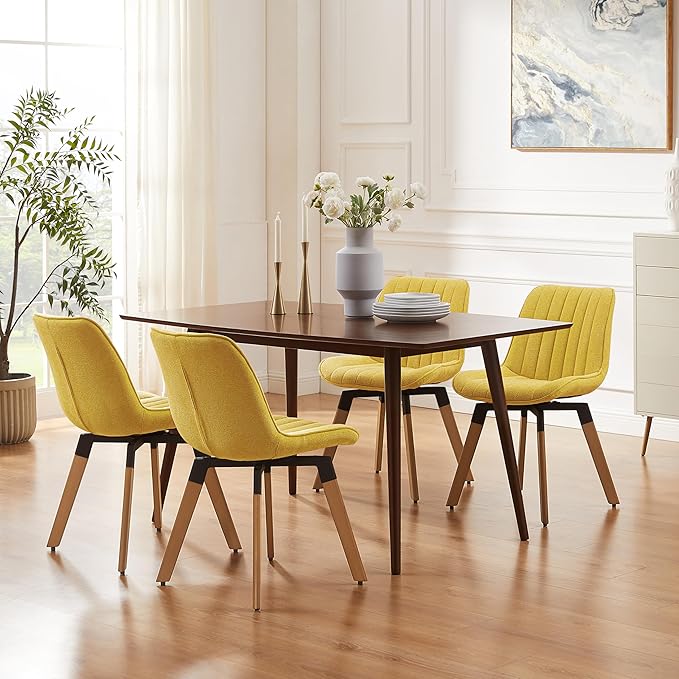 Art Leon Dining Chairs Set of 4, Mid Century Modern Swivel Dining Room Chairs, Fabric Upholstered Armless Side Chairs with Wood Legs for Kitchen Living Room Bedroom, Yellow