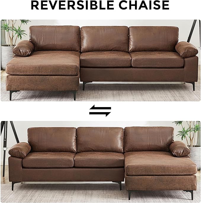 VANOMi 100" Couches for Living Room, Faux Leather Sectional Sofa with Chaise, Convertible L-Shape Sofa & Couches for Living Room,3 Seater, Apartment, Right/Left-L-Shaped, Dark Brown
