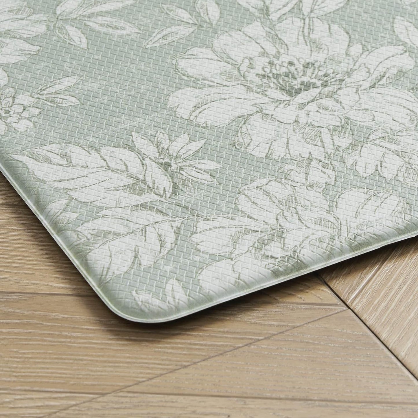 Laura Ashley - Anti-Fatigue Kitchen Mat, Iris Floral Design, Stain, Water & Fade Resistant, Cooking & Standing Relief, Non-Slip Backing, Measures 17.5" x 48", Sage Green Iris