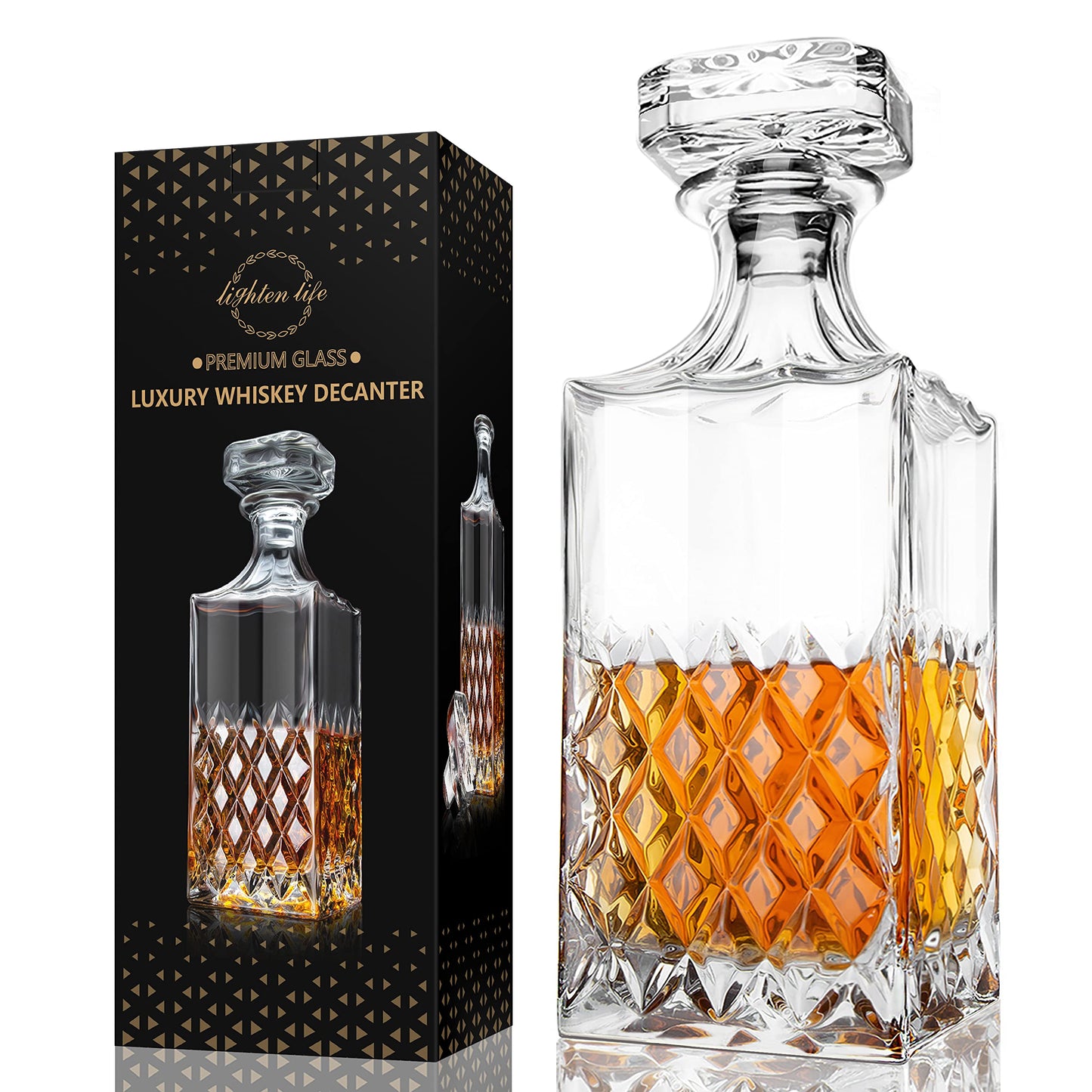 LIGHTEN LIFE 29oz Crystal Whiskey Decanter with Stopper, Non-Lead, 828ml, Clear, Durable, Dishwasher Safe, Classic European Design, Gift Box Included