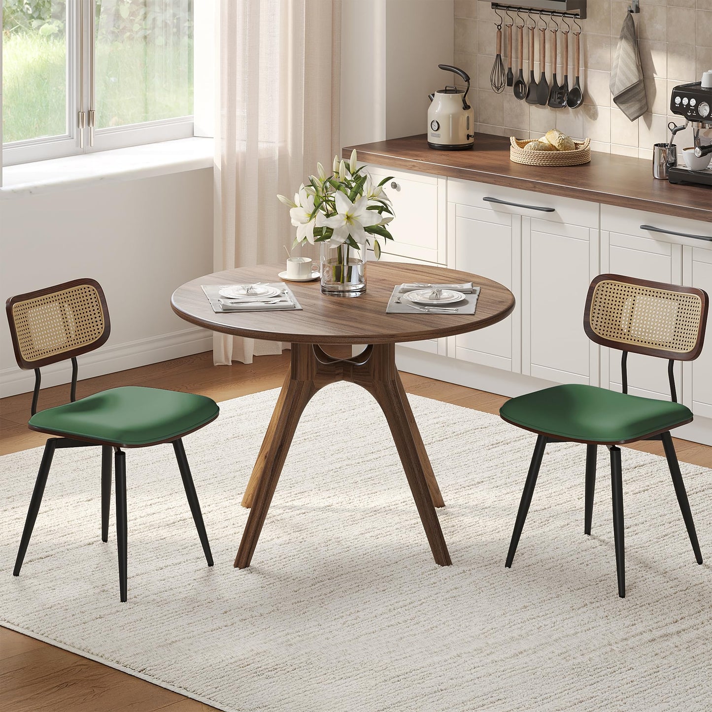 Dining Chairs, Swivel Dining Chairs Set of 2, Faux Leather & Rattan Walnut Dining Room Chairs, Bentwood & Metal Frame Upholstered Chairs with 360°Rotation, Modern Kitchen/Living Room Chairs (Green)