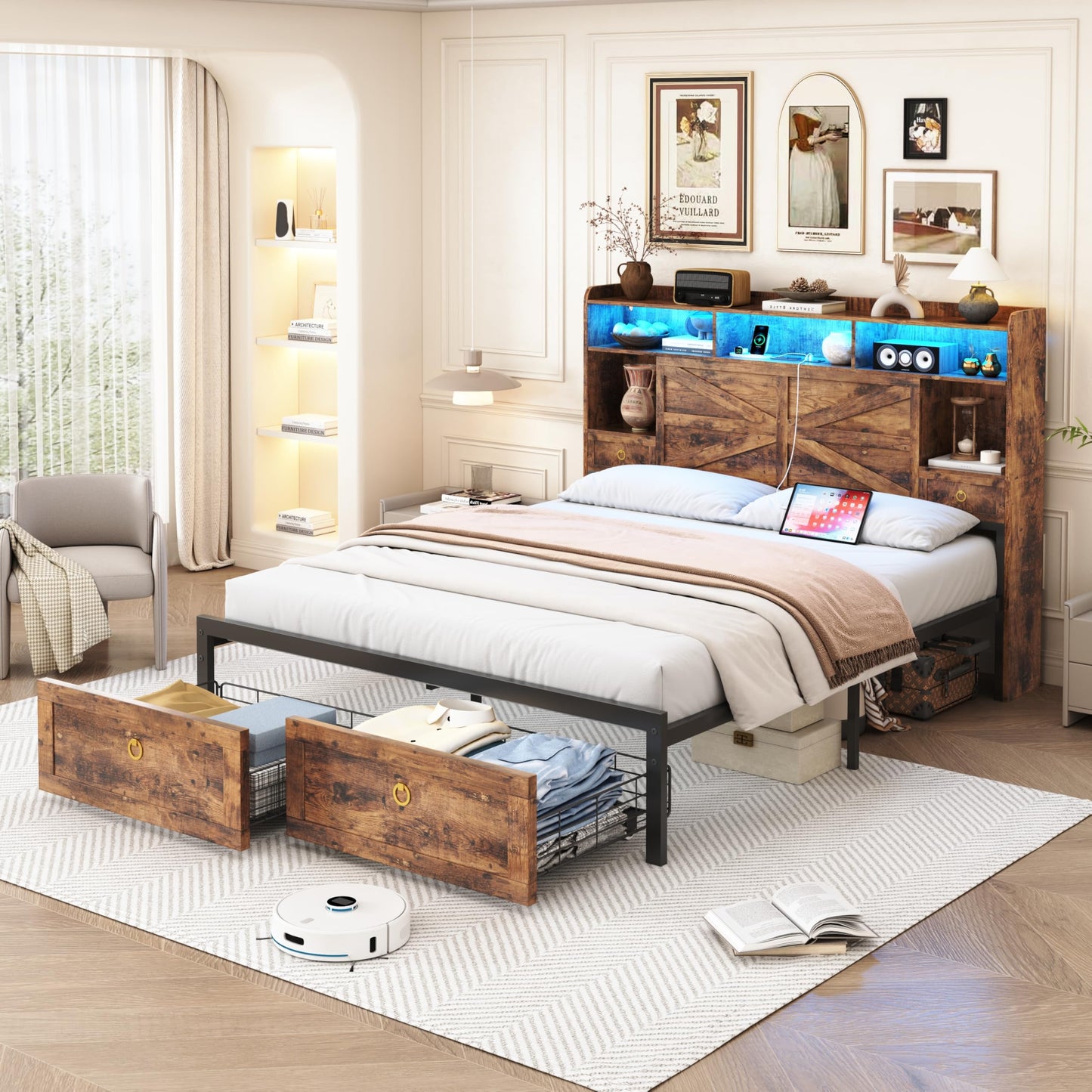 TIGUBFRE Full Bed Frame with 4 Drawers Bookshelf Headboard, Farmhouse Bed Frame with Charging Station & LED Lights, Metal Slats Support, Noise Free, No Box Spring Needed Rustic Brown