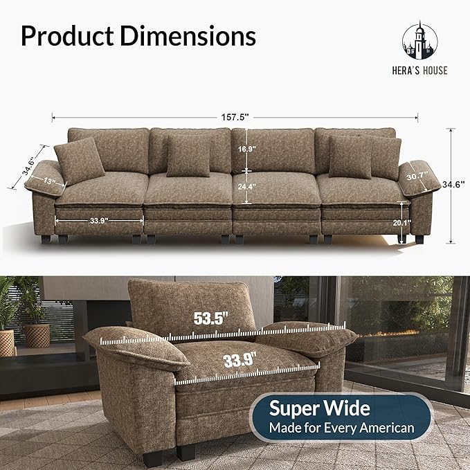 HERA'S HOUSE 158" Modular Sectional Sofa, Oversized Couches for Living Room, Comfy Cloud Couch 4-Seater Deep Seat Sofa with Throw Pillow, Chenille Taupe