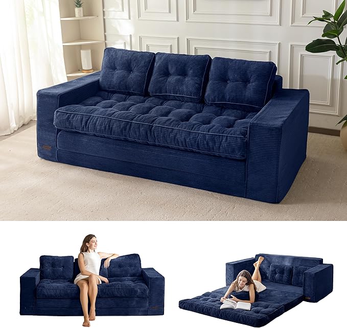 MAXYOYO Convertible Sofa Bed, Pull Out 3 Seater Sleeper Sofa, 2 in 4 Folding Couch Bed, Fold Out Floor Couch with Pillows for Living Room Bedroom Lounge, Navy