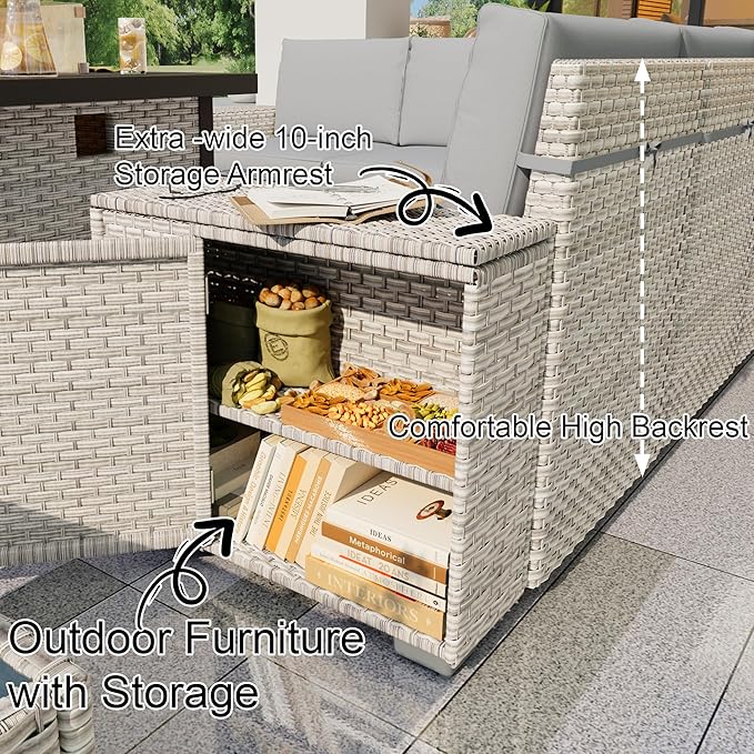 PCSXDSW 6-Piece Outdoor Patio Furniture Set, Rattan Wicker Conversation Set with Wide Armrests, Outdoor Modular Sectional Couch Seating Group Sofa for Deck Garden Porch (Gray Cushions)