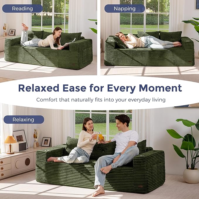 MAXYOYO 79" Oversized Boneless Loveseat Sofa Couch for Small Spaces, Mini Love Seat Floor Couch with Cup Holders and Pillows, 3-Seater Upholstered Cloud Couch for Bedroom, No Assembly Required