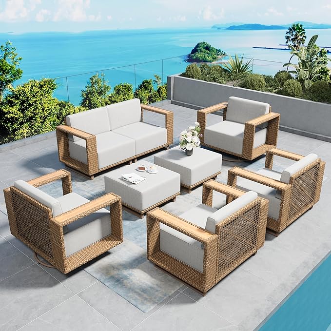 8 Pieces Modular Patio Furniture Set,Outdoor Wicker Conversation Set with Swivel Chairs and Ottomans,All Weather Patio Conversation Set for Lawn Garden Backyard,Beige