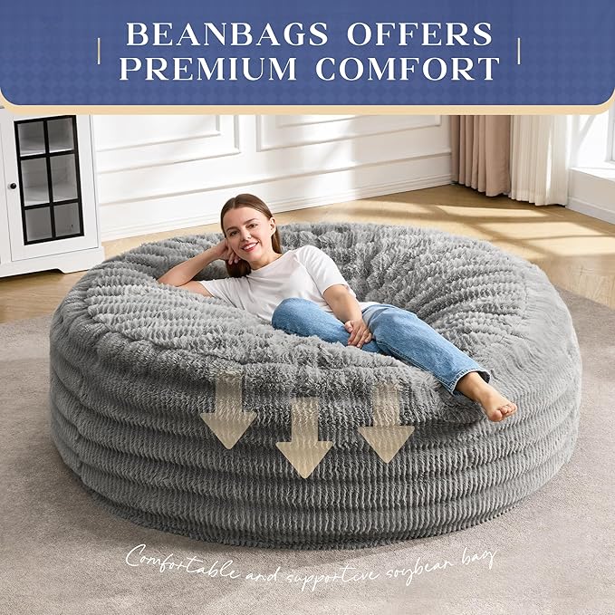 Hobestluk Bean Bag Chairs Beanbag Chair with Filler Adult Bean Bags with Fluffy Ripple Cover, Giant Bean Bag Chairs for Adults (Grey, 6FT - 70" x 70" x 15")