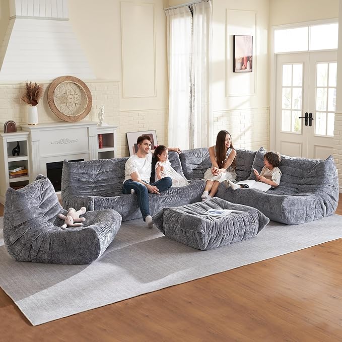 HABUTWAY Bean Bag Chair, Memory Foam Bean Bag Chairs for Adults, Fireside Corner Chair Lazy Floor Corner Sofa for Living Room, Bedroom, Dorm, Office (Grey)