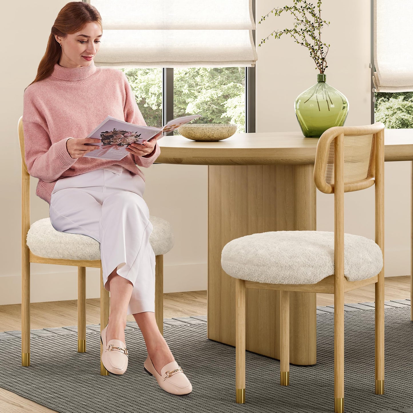 HoeuThien Upholstered Rattan Dining Chairs Set of 4, Mid Century Modern Kitchen Chairs with Curved Back and Solid Wood Legs Armless Accent Chair for Living Room Bedroom, Natural Oak/White Boucle